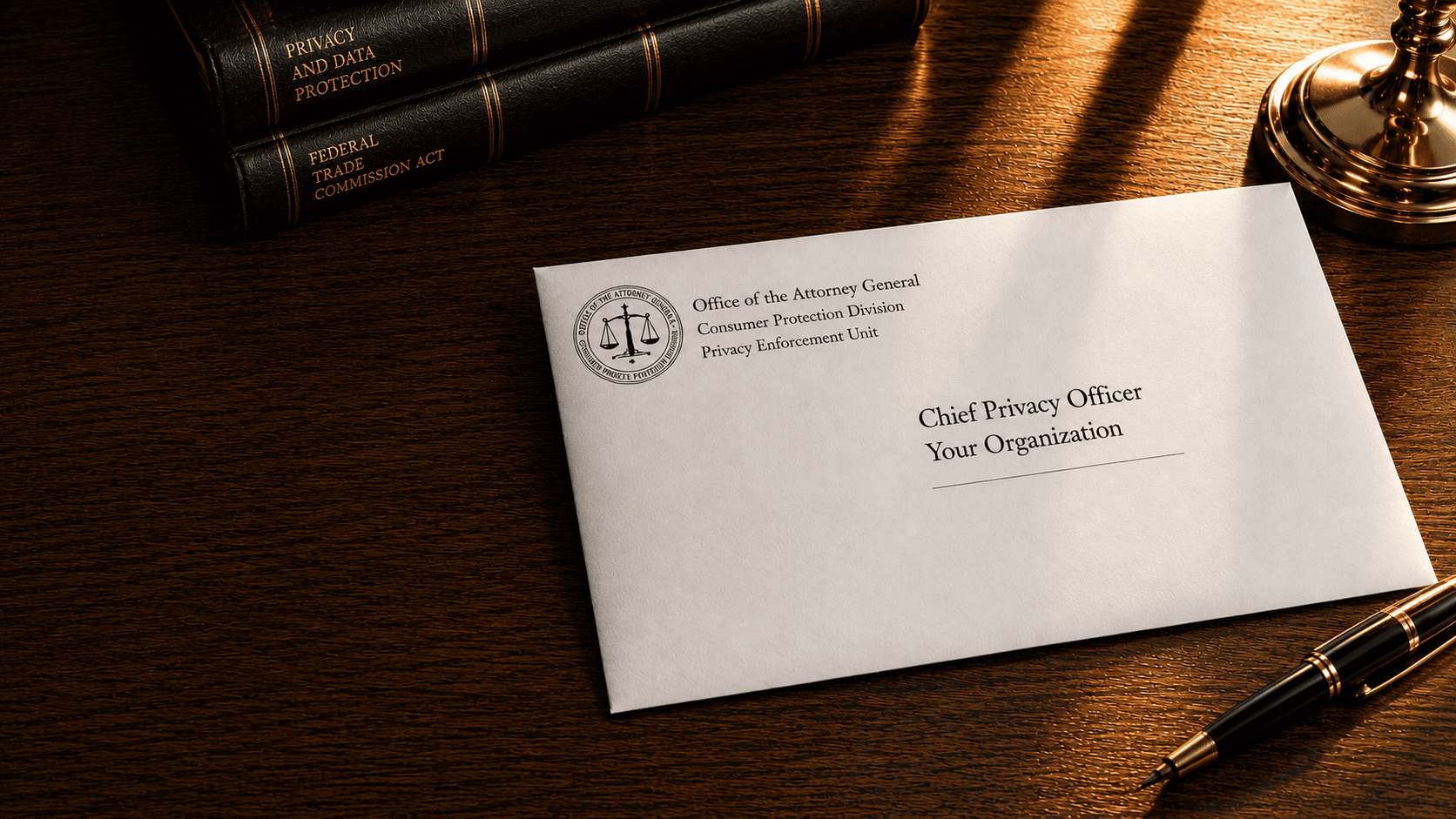 Official privacy enforcement envelope addressed to the Chief Privacy Officer at Your Organization, with privacy law volumes and a fountain pen on a dark desk