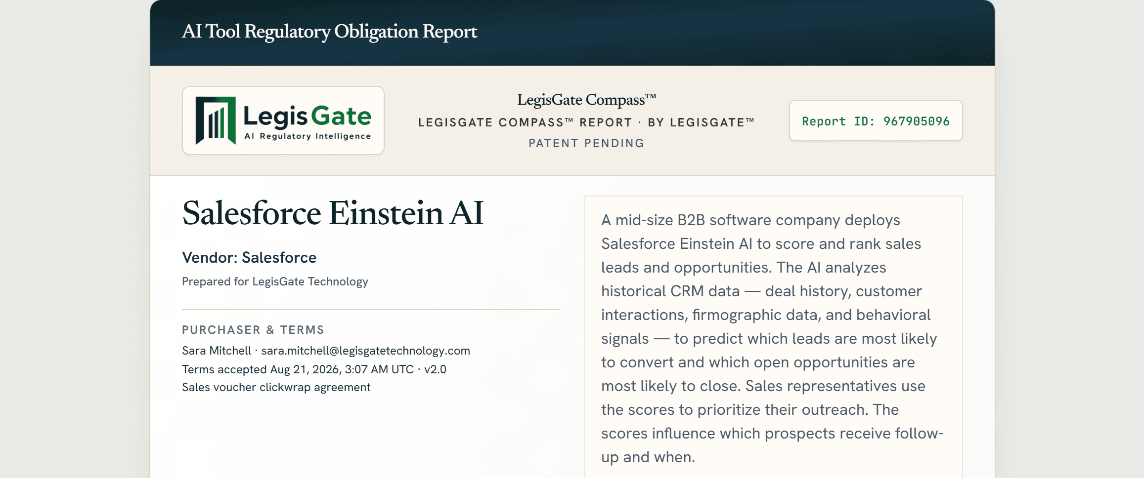 Cover of a real LegisGate Compass™ report, named to a deployment with a report ID — the prepared record