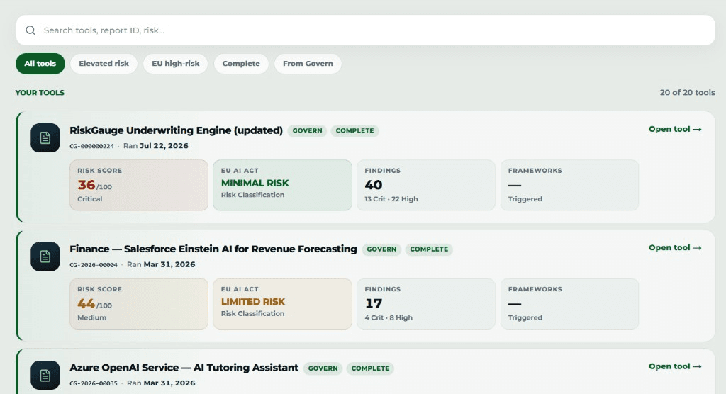 LegisGate Compass™ / Govern™ Tools — AI tool assessments with risk score, EU AI Act tier, and findings