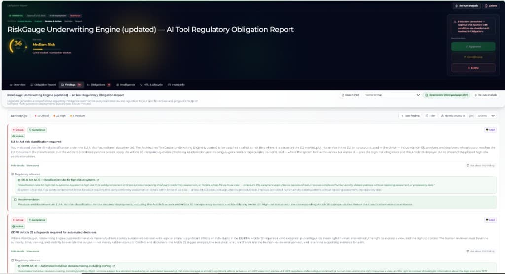 LegisGate Compass™ — AI tool assessment findings with risk score, blockers, and cited obligations
