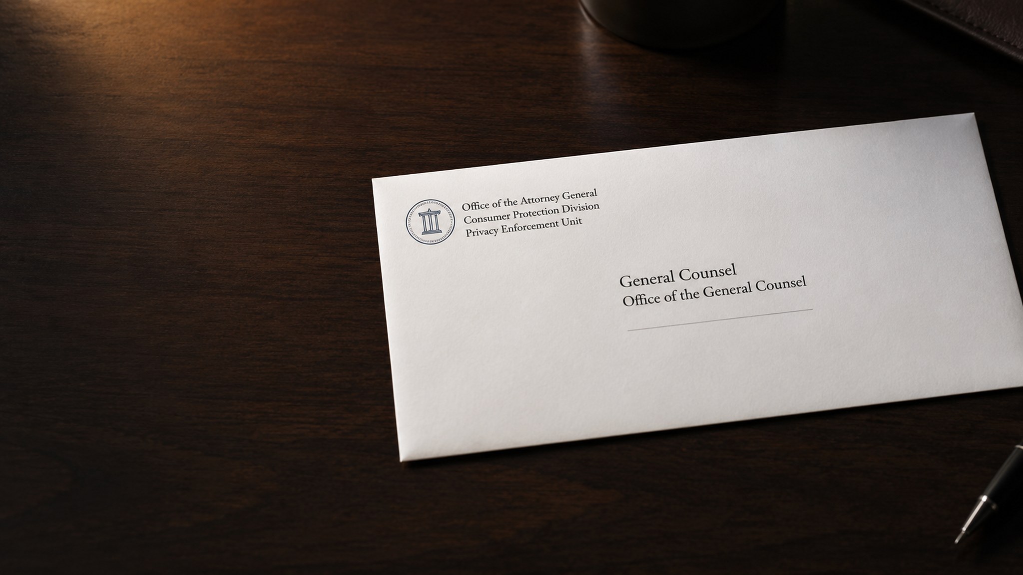 A sealed letter from an Office of the Attorney General, Privacy Enforcement Unit, addressed to the General Counsel, lying on a desk