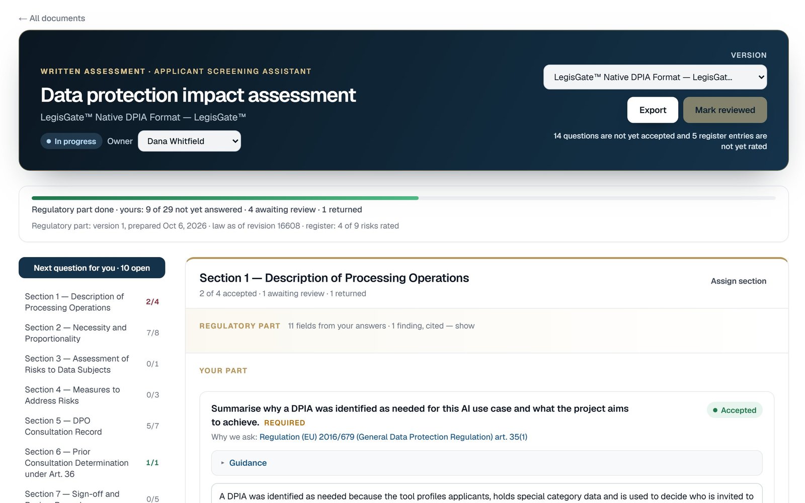 A data protection impact assessment open in LegisGate: progress, the sections down the side, and one section with its Regulatory part above the questions in Your part