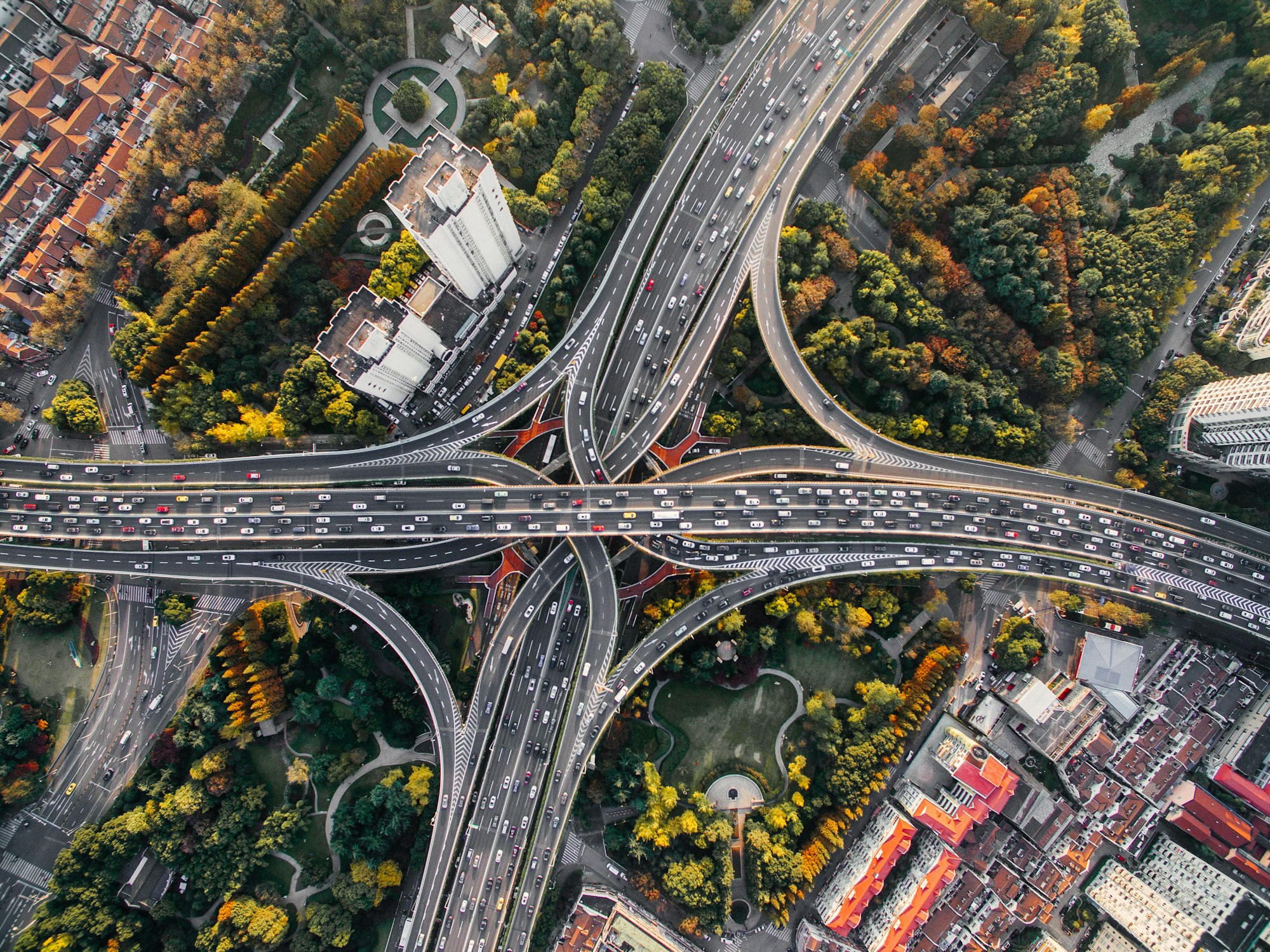 Aerial view of a multi-level highway interchange