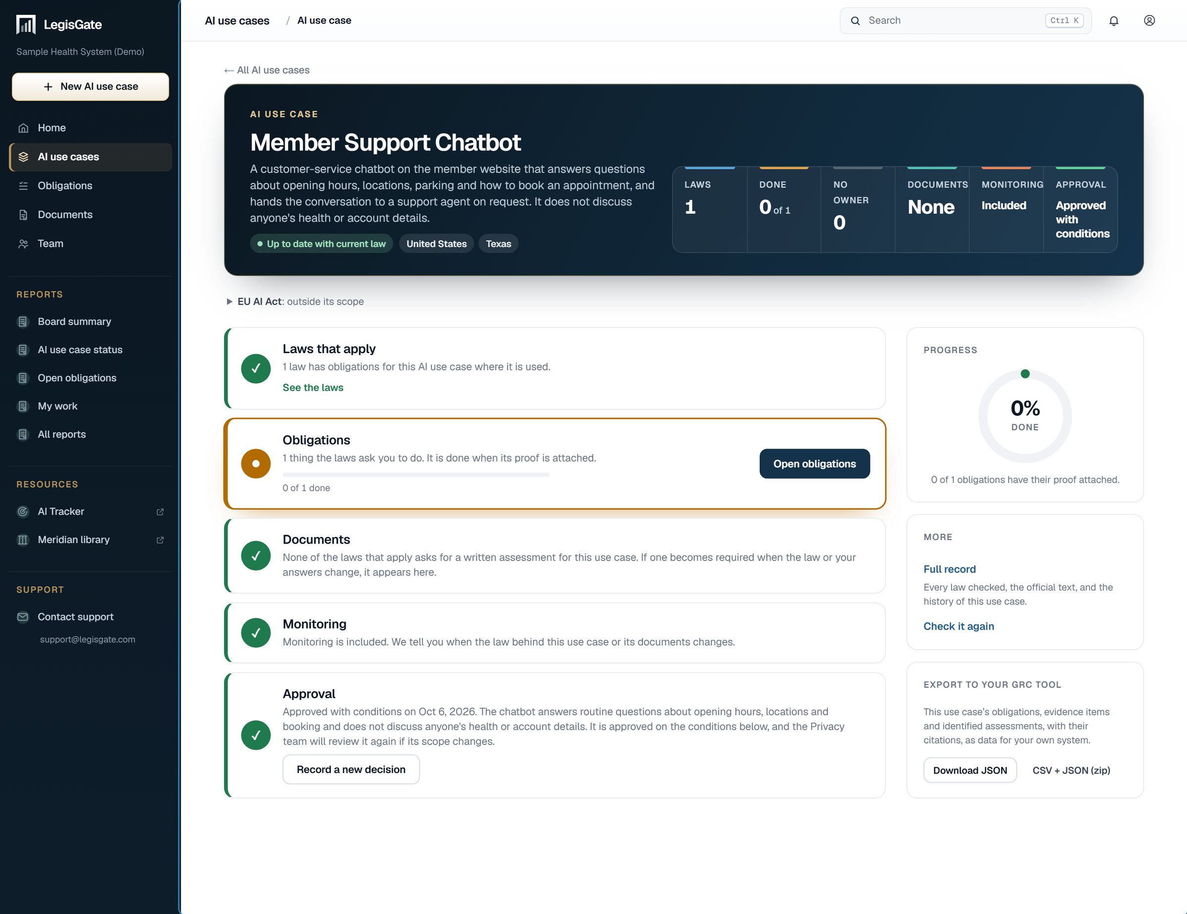The Approval card of one AI use case in LegisGate, recording a decision with its date and reasoning