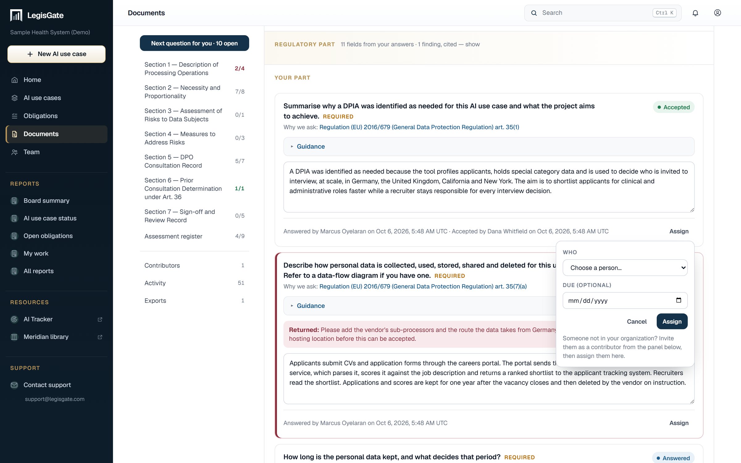 The Assign window in LegisGate: who answers the question and an optional due date