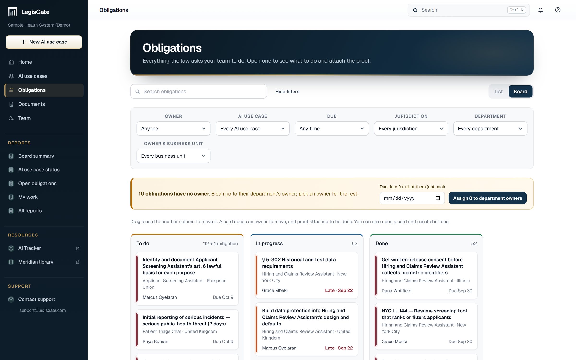 The obligations board in LegisGate with its filters open: owner, AI use case, due date, jurisdiction, department and business unit