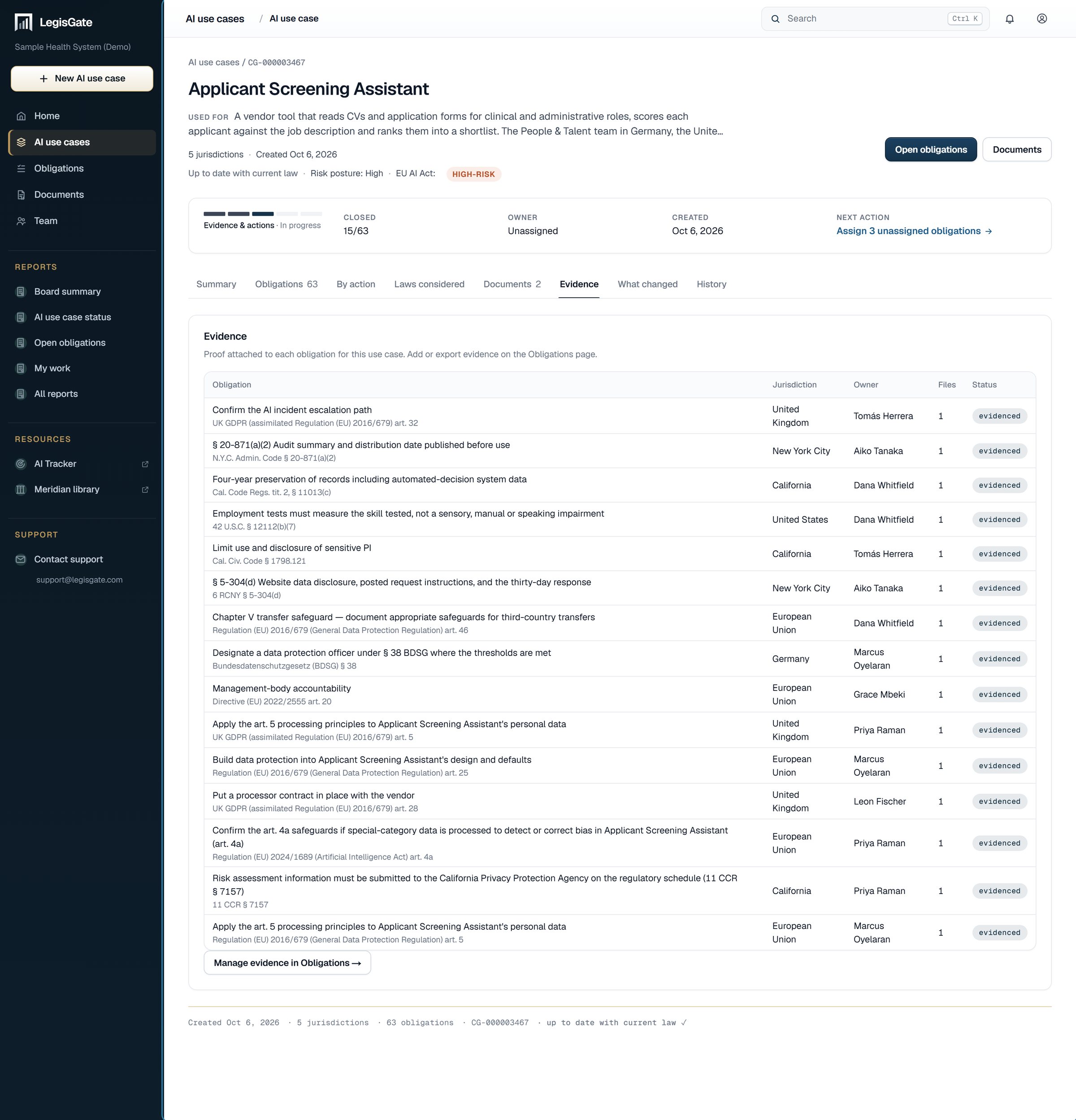 The Evidence tab of one AI use case in LegisGate, listing each obligation and its attached proof