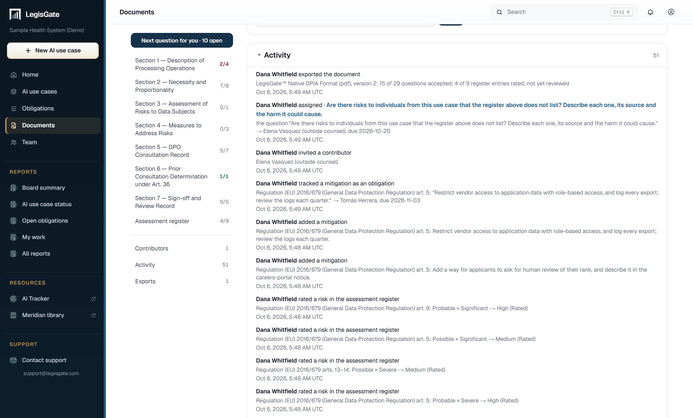The activity log of one assessment in LegisGate, with who did what and when