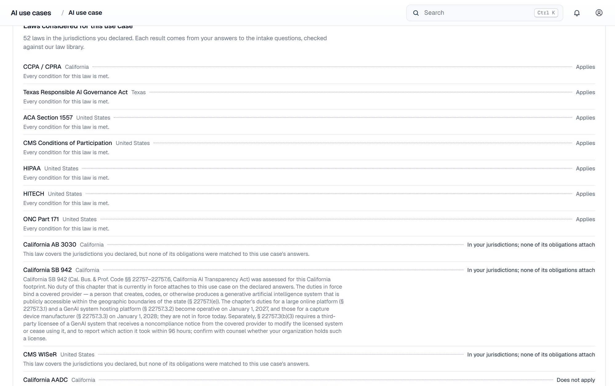 The laws considered for the clinical notes example in LegisGate