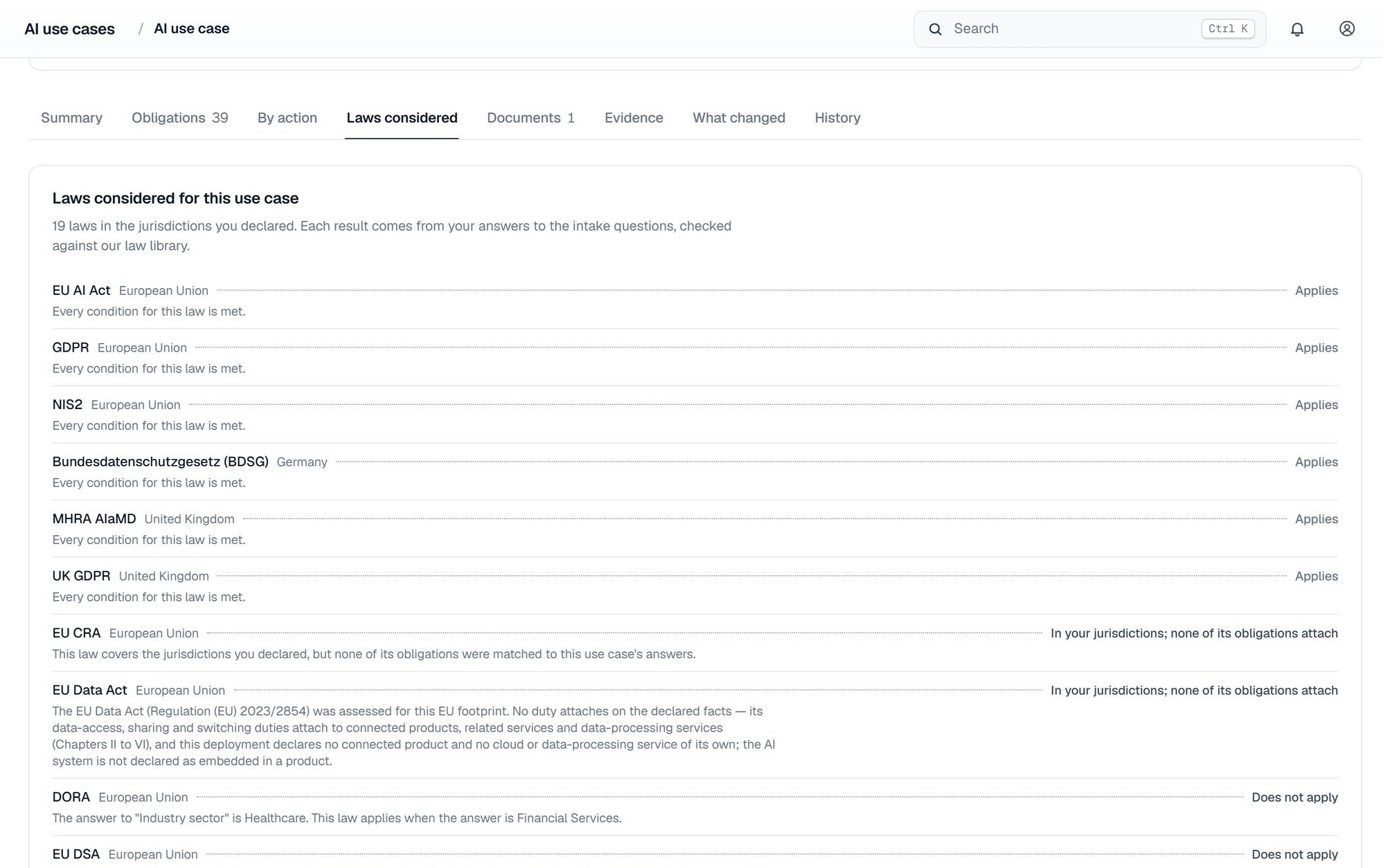 The laws considered for the patient triage chatbot example in LegisGate