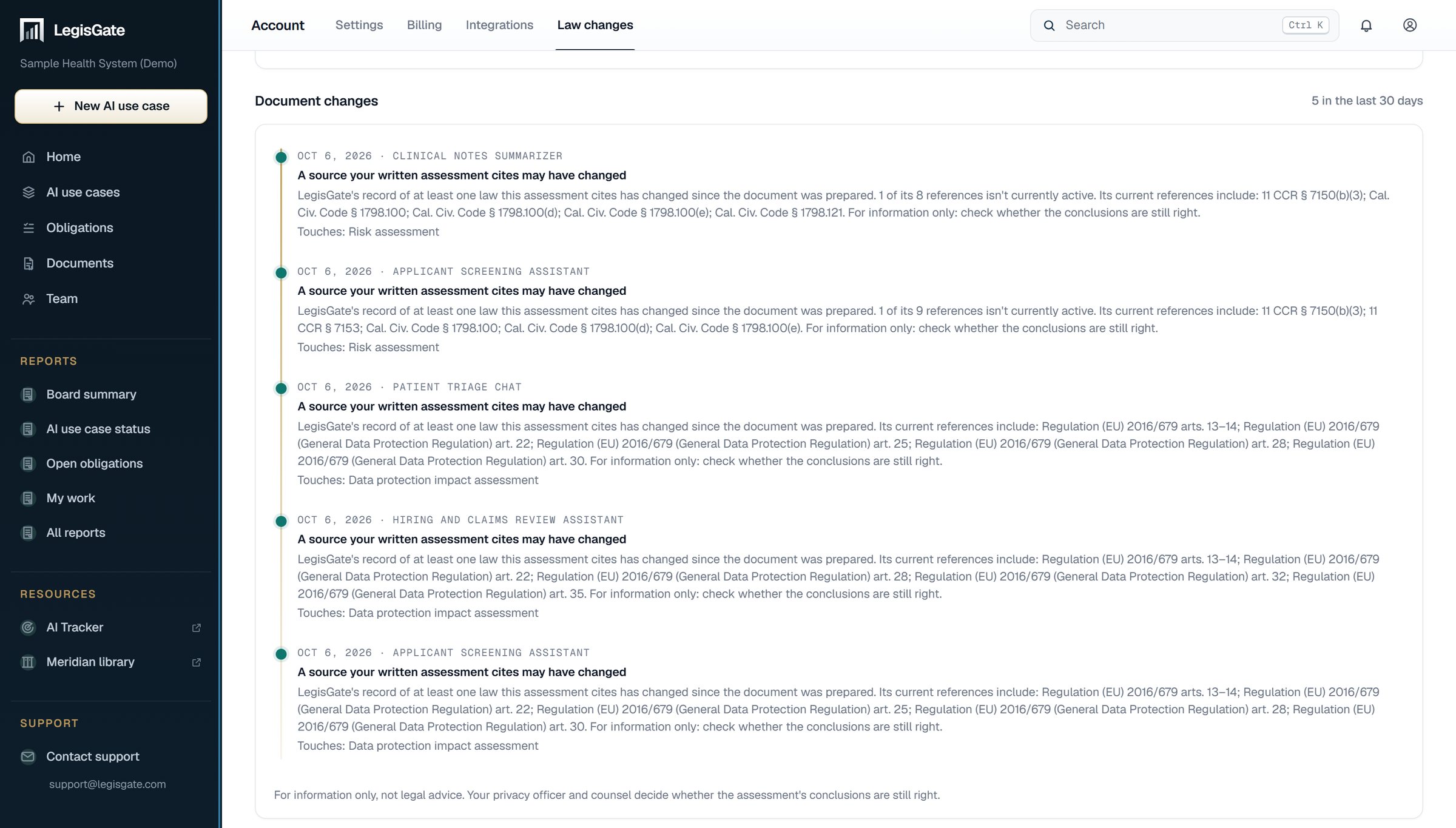 The Document changes list in LegisGate, each change naming what it touches