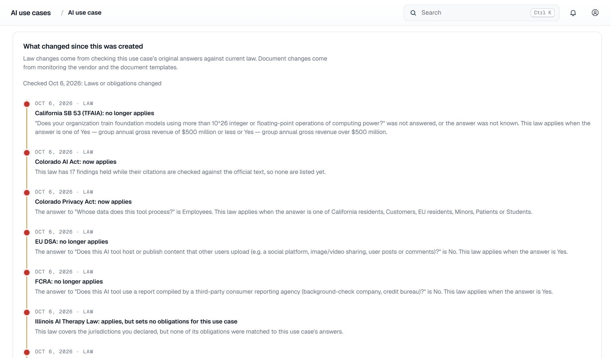 The What changed tab of one AI use case in LegisGate: a timeline of changes in the law, each dated