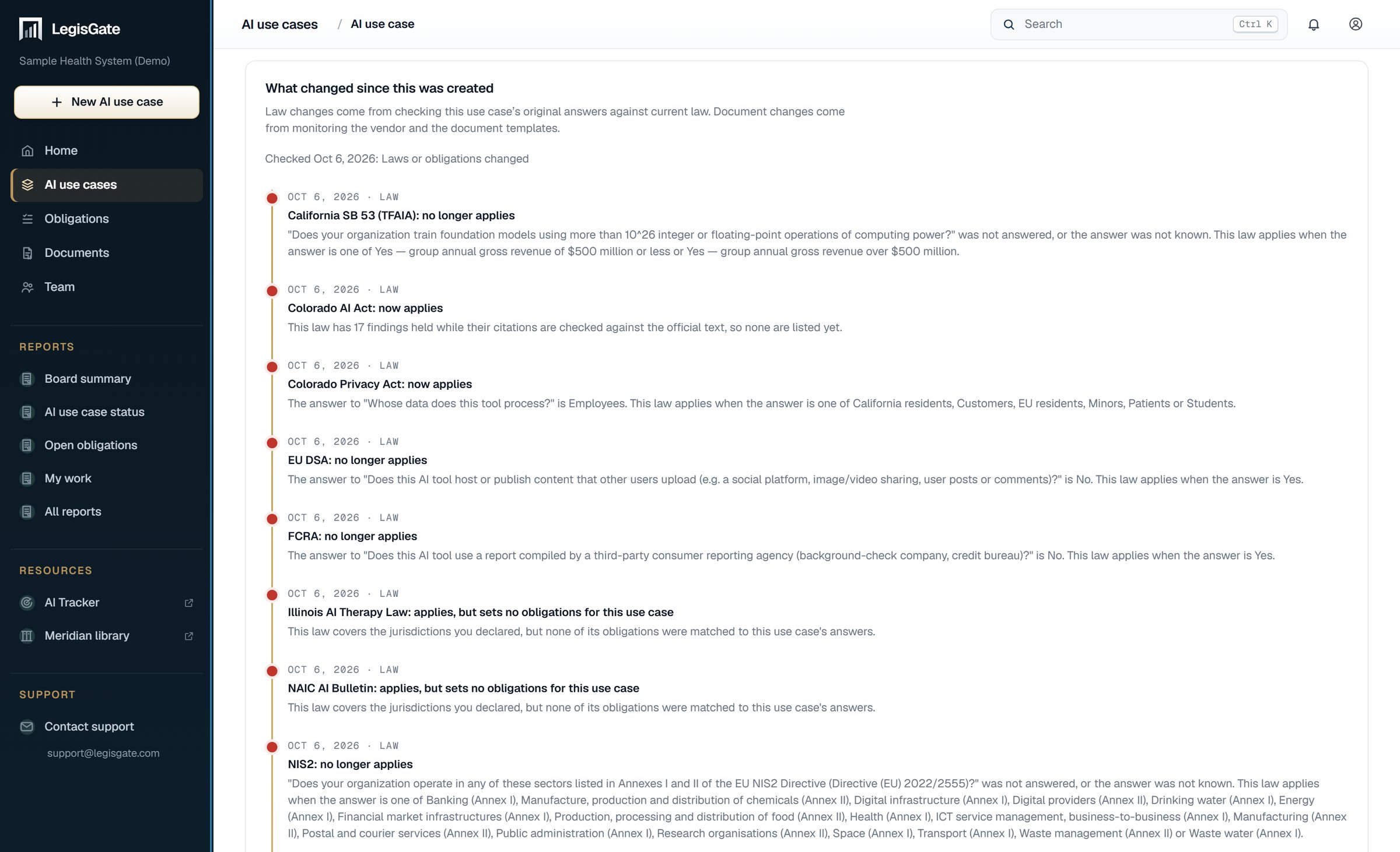 The What changed tab of one AI use case in LegisGate: a timeline of changes in the law, each dated