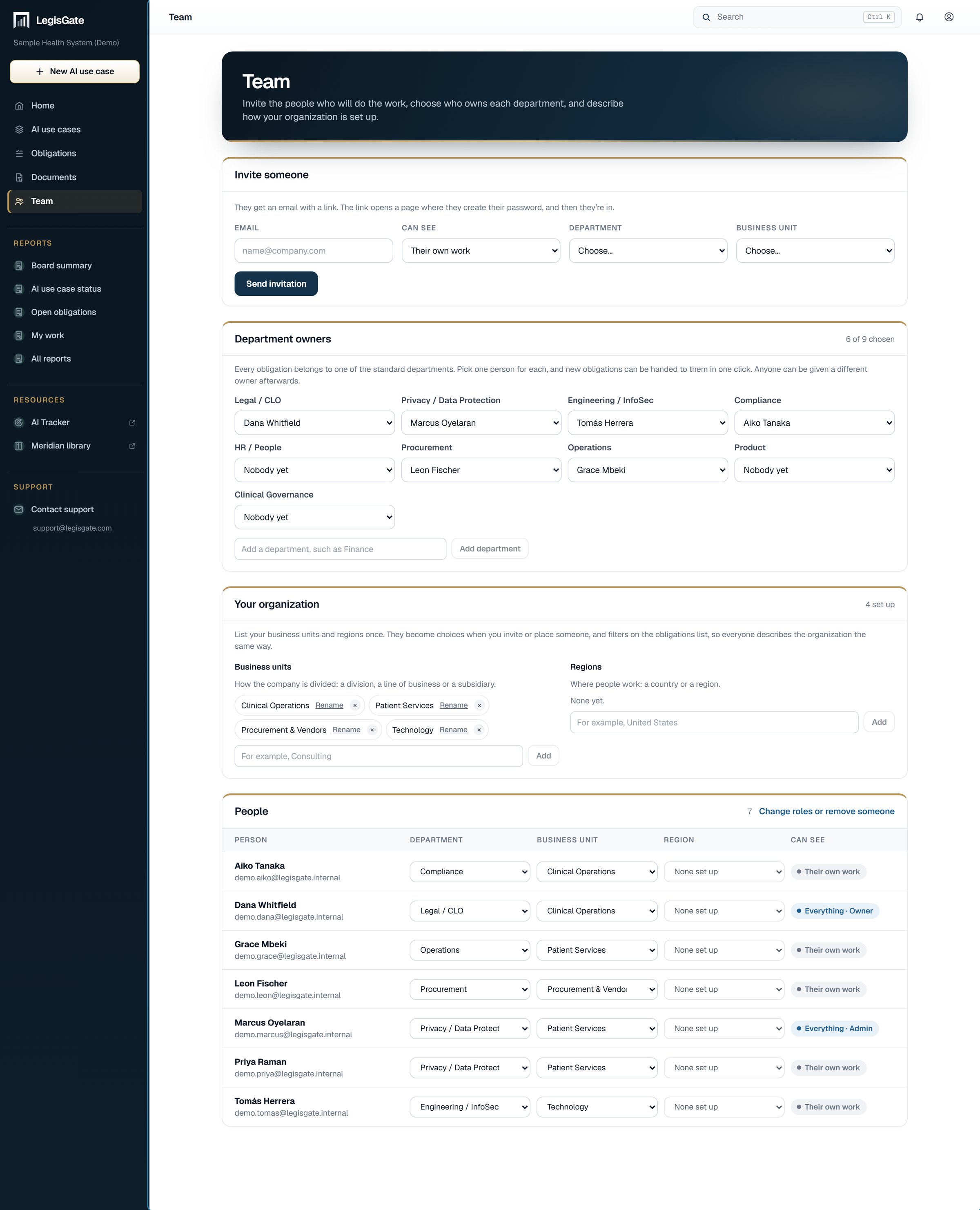 The Team page in LegisGate: the invite form, department owners and the people in the organization
