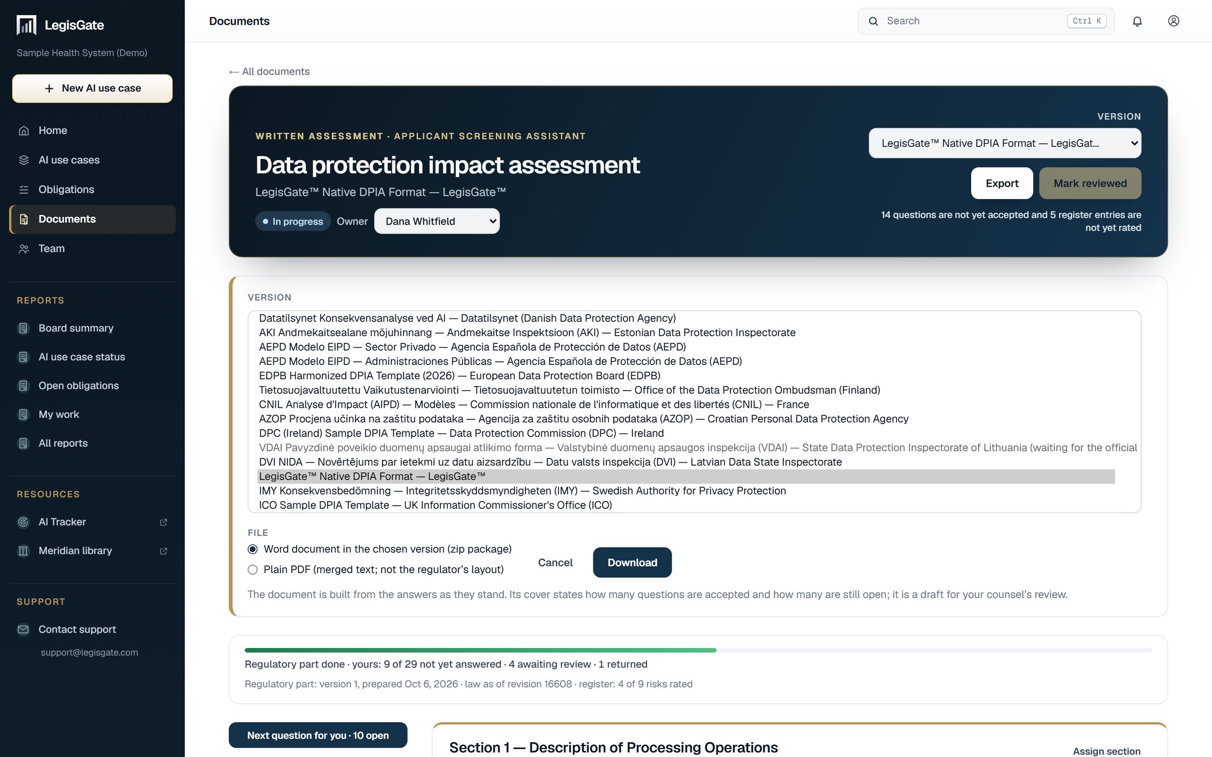 The export panel of an assessment in LegisGate, listing the template versions that can be exported