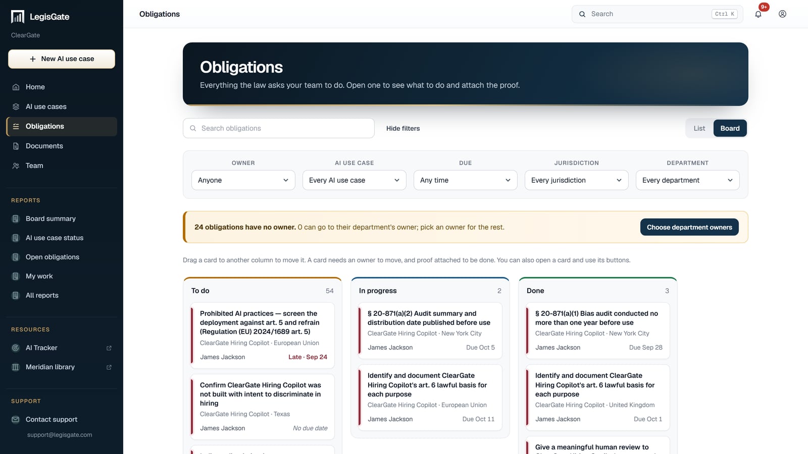 The obligations board in the LegisGate platform, with To do, In progress and Done columns, each card carrying an owner and a due date