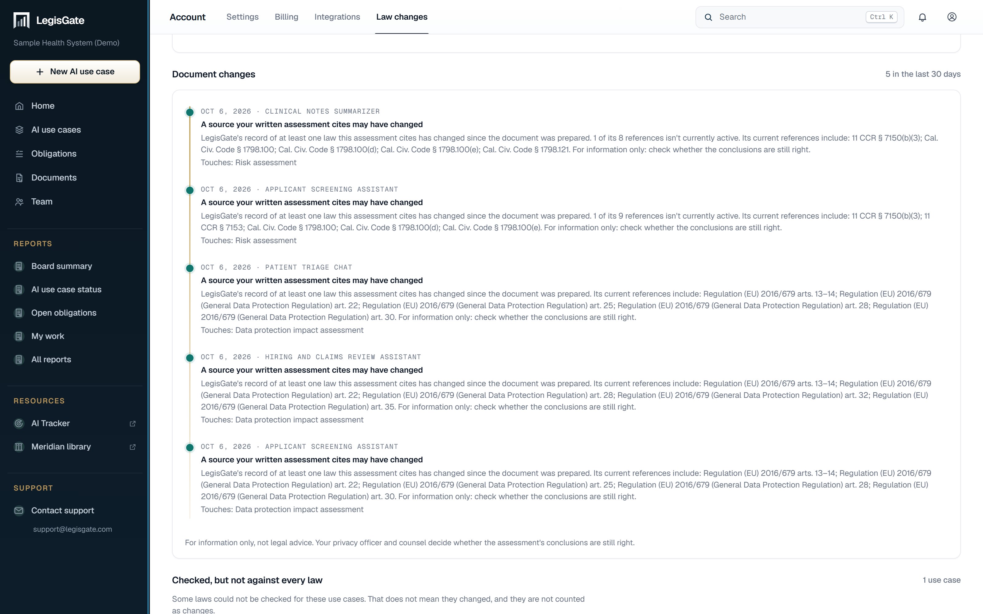 The Document changes list in LegisGate: five changes, each dated, naming the AI use case and the assessment it touches, with the references the assessment cites