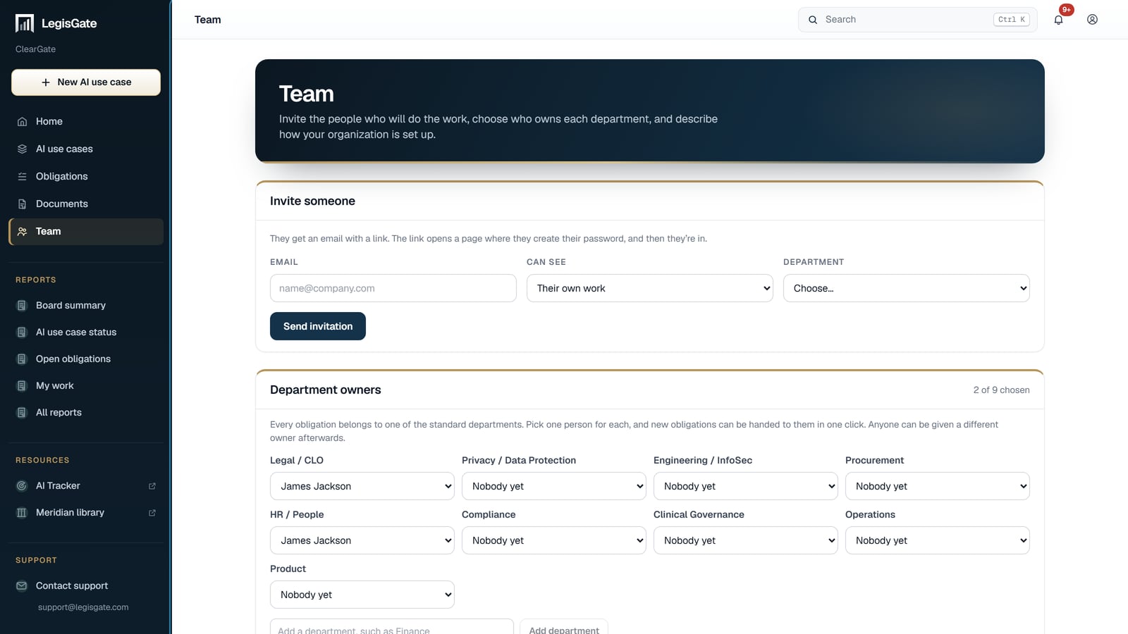 The Team screen in the LegisGate platform, with the invitation form, department owners and organization setup