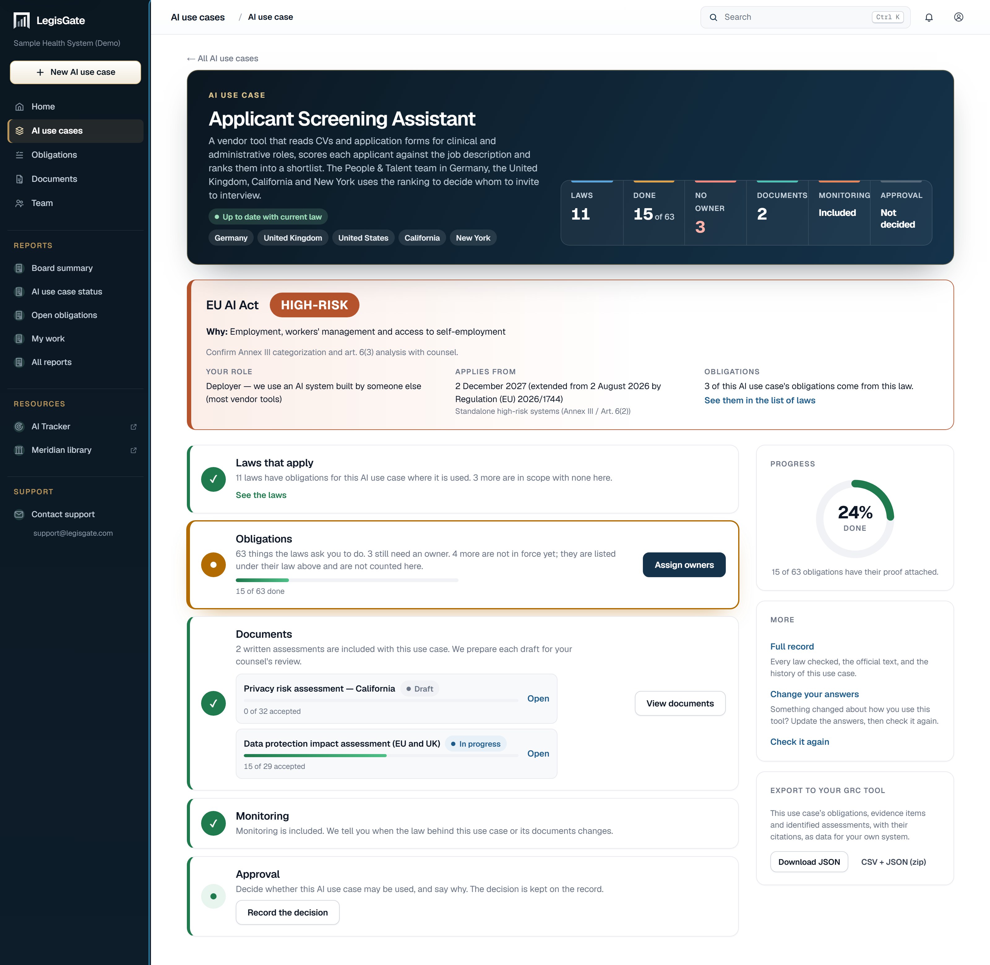 One AI use case in LegisGate, with its export to a GRC tool