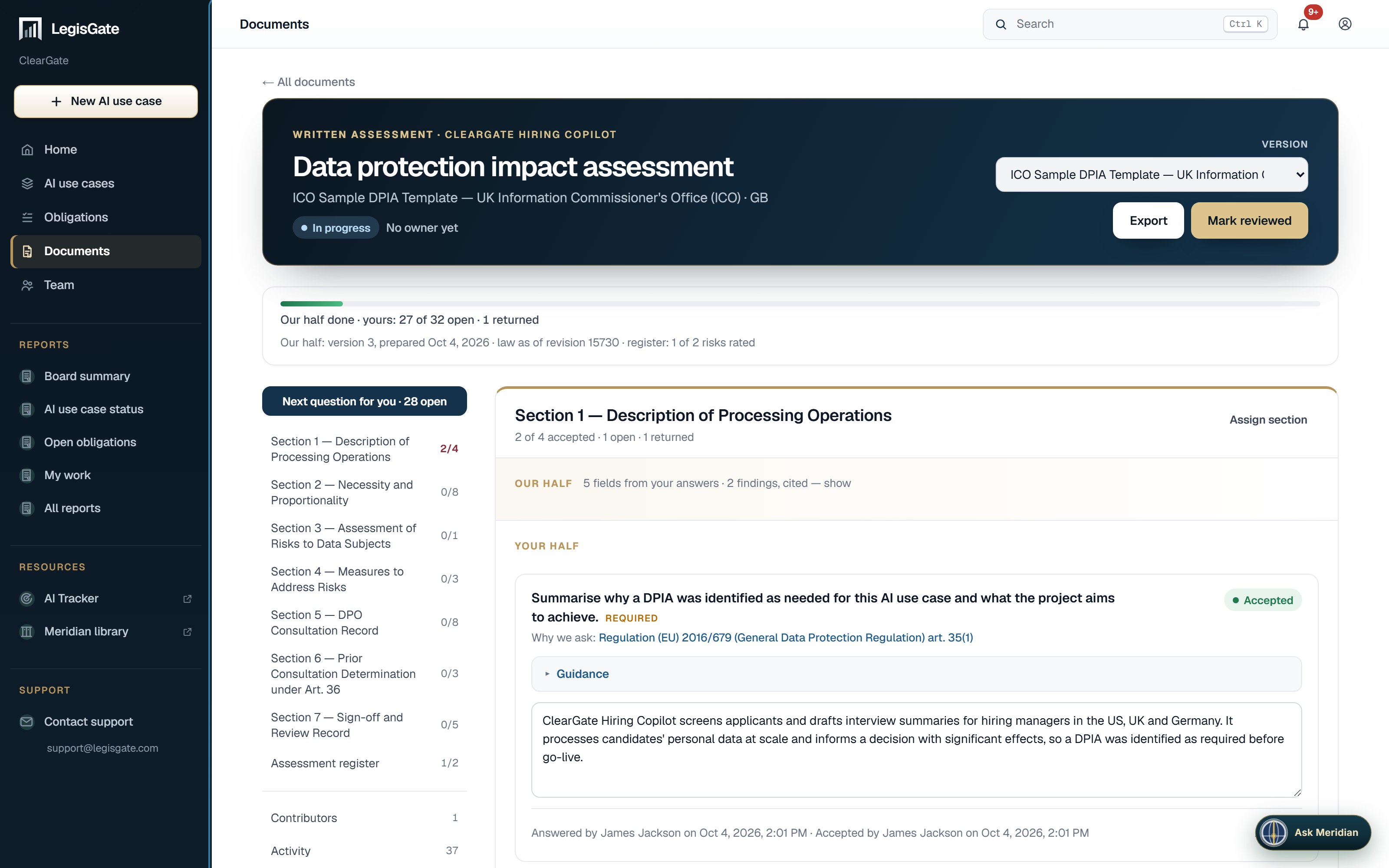 A DPIA open in LegisGate: the version switcher and the Export and Mark reviewed buttons in the header, the sections down the side, and one section open with Our half summarised above the questions in Your half