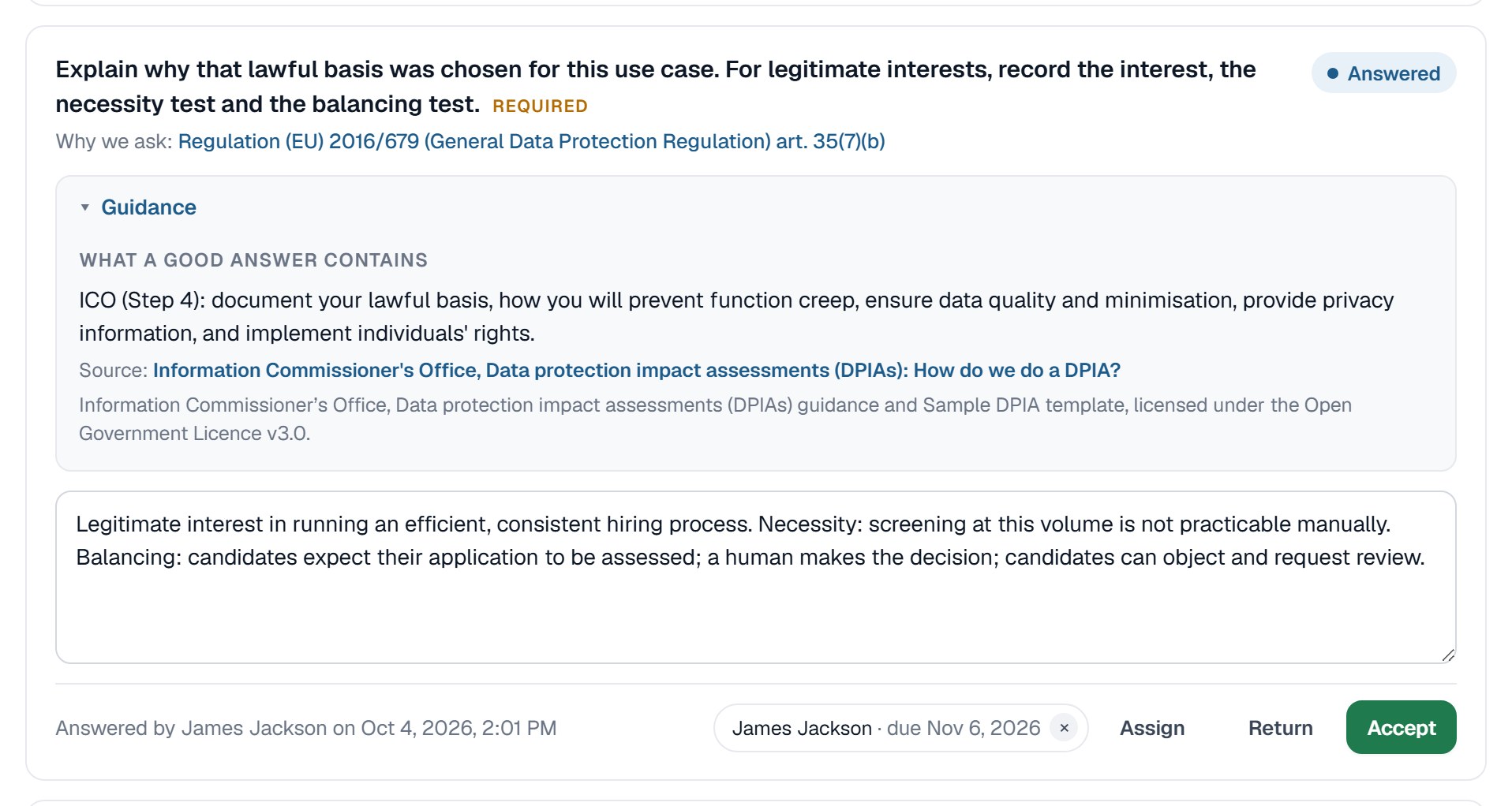 One question in a DPIA, opened to show the Why we ask line with the article that requires it, the Guidance block quoting the ICO with its Open Government Licence attribution, the answer, and the Assign, Return and Accept controls