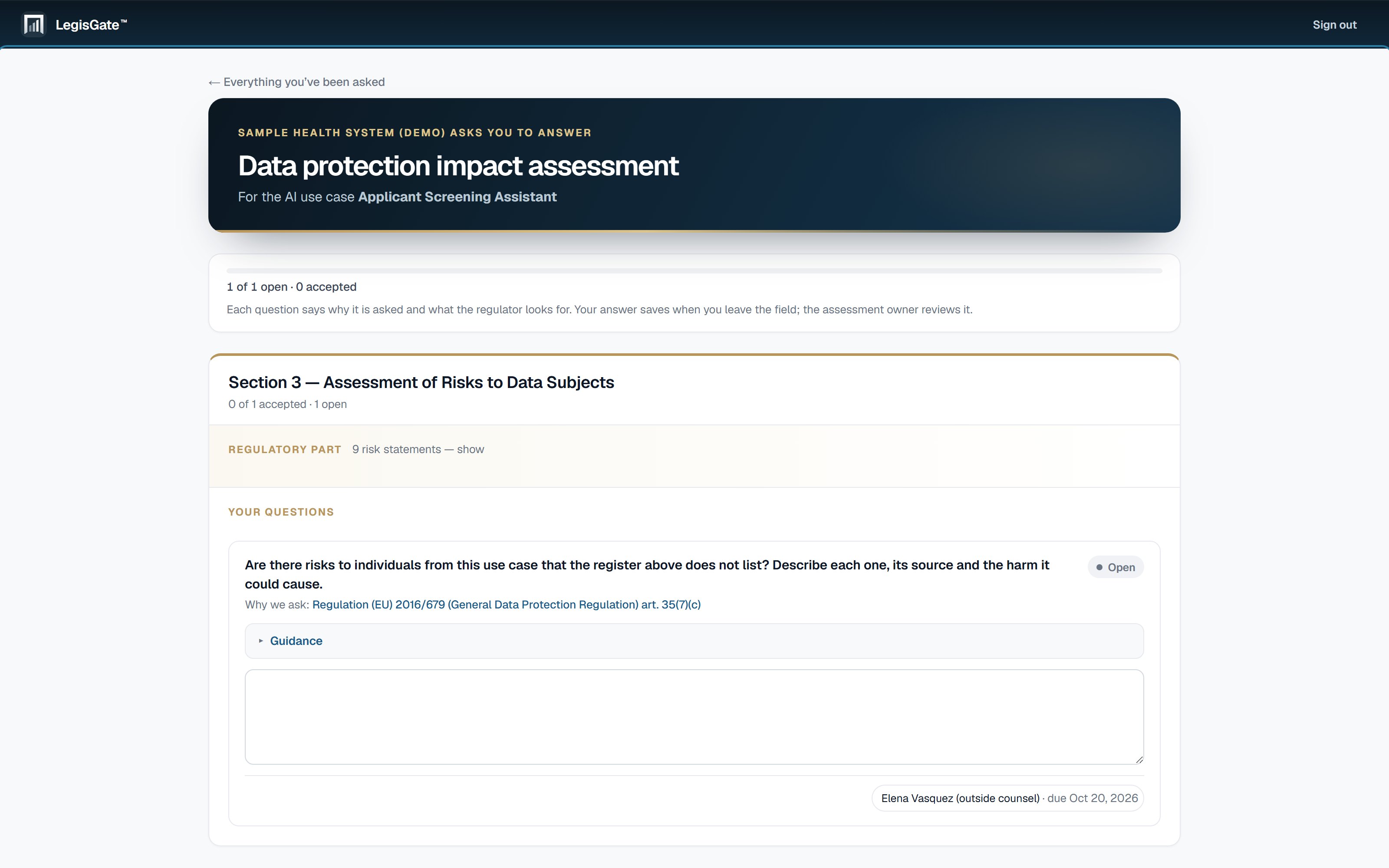 What an invited contributor sees in LegisGate: the questions assigned to that person