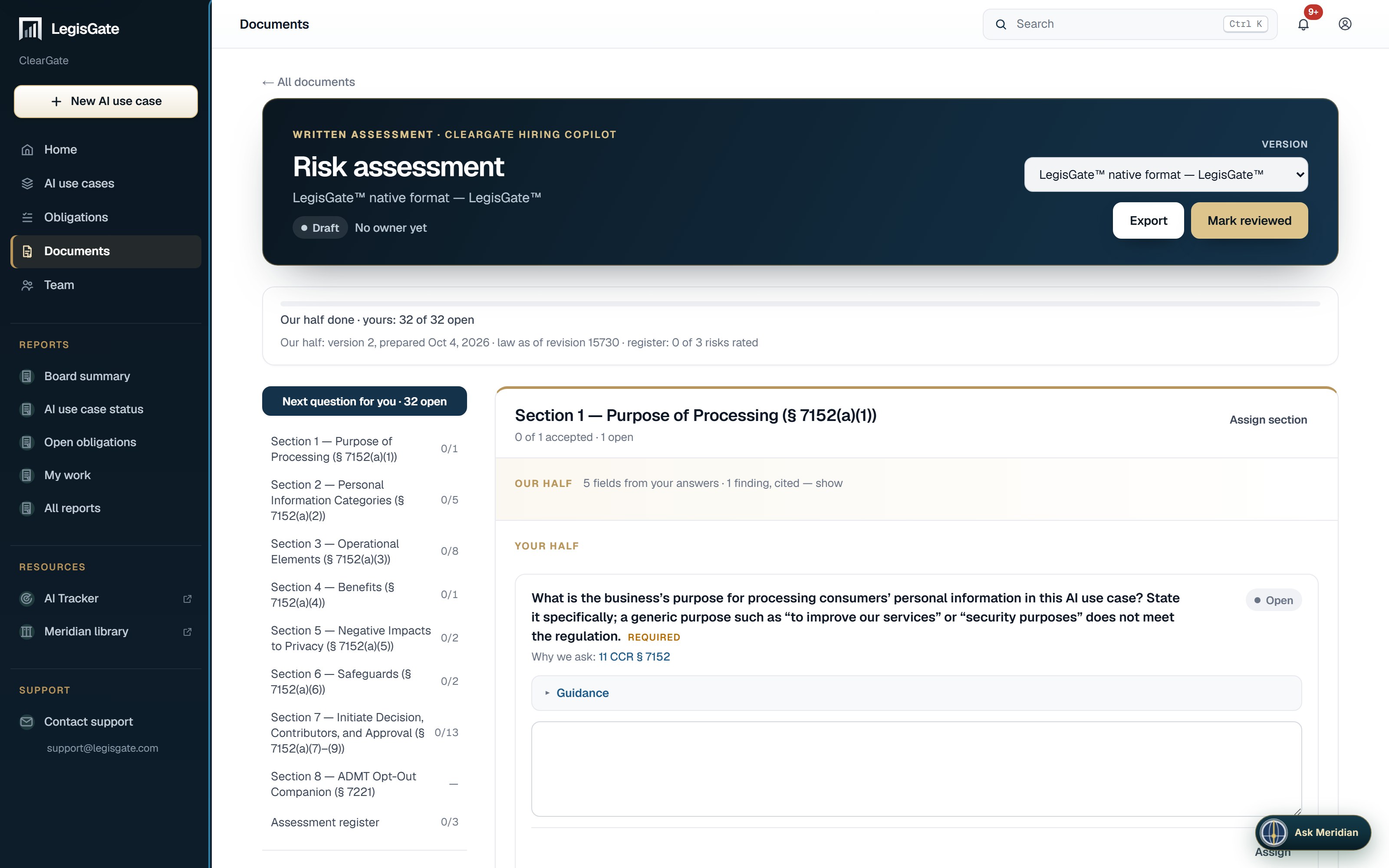 A California risk assessment open in LegisGate: sections named for the parts of the regulation down the side, and the first section open with Our half summarised above the question in Your half