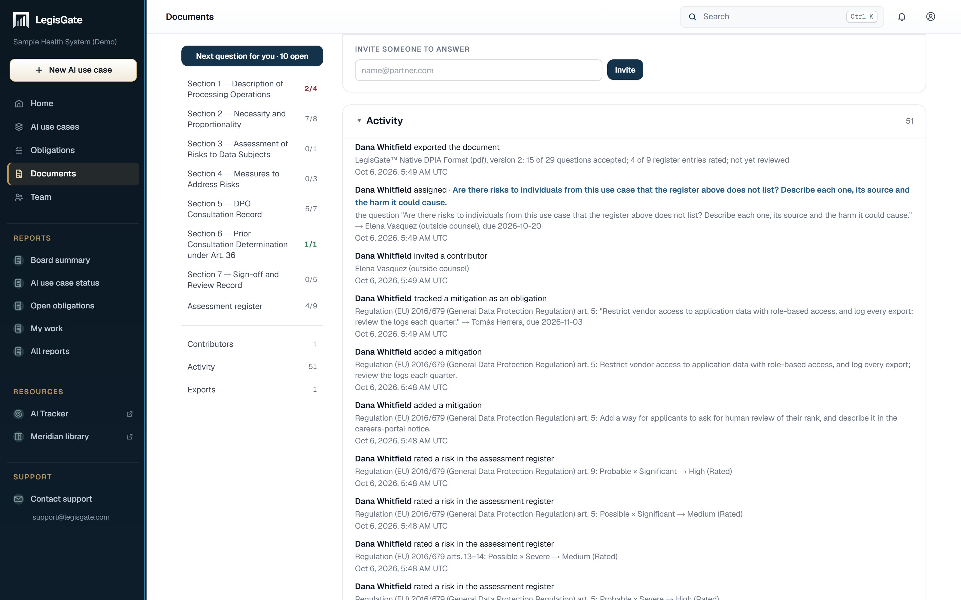 The activity log of a data protection impact assessment (DPIA) in LegisGate: who exported, assigned, invited, tracked a mitigation and rated a risk, each entry dated
