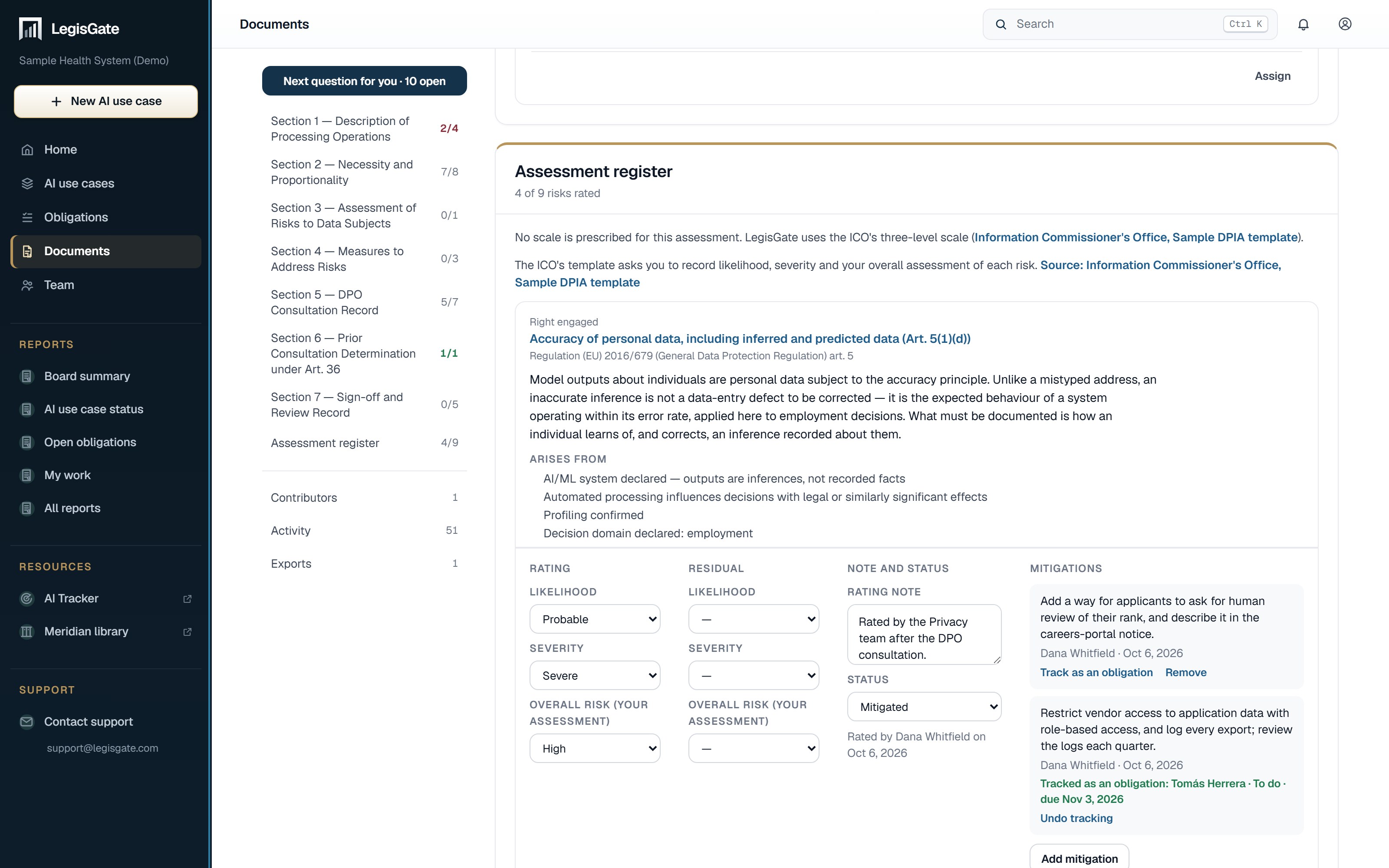 The assessment register in LegisGate: one risk from the determination, cited to GDPR art. 5, with the ICO scale for likelihood and severity, a residual rating, a rating note, and two mitigations, one of them tracked as an obligation